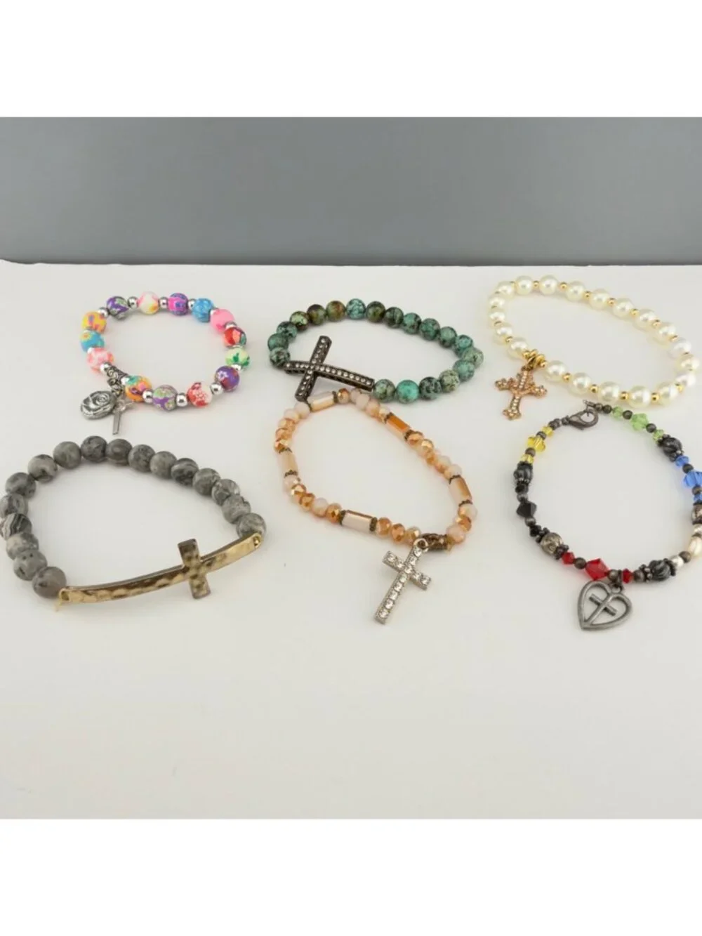 Mixed Cross Charm Beaded Stretch Bracelets Set Of 6 Multicolor